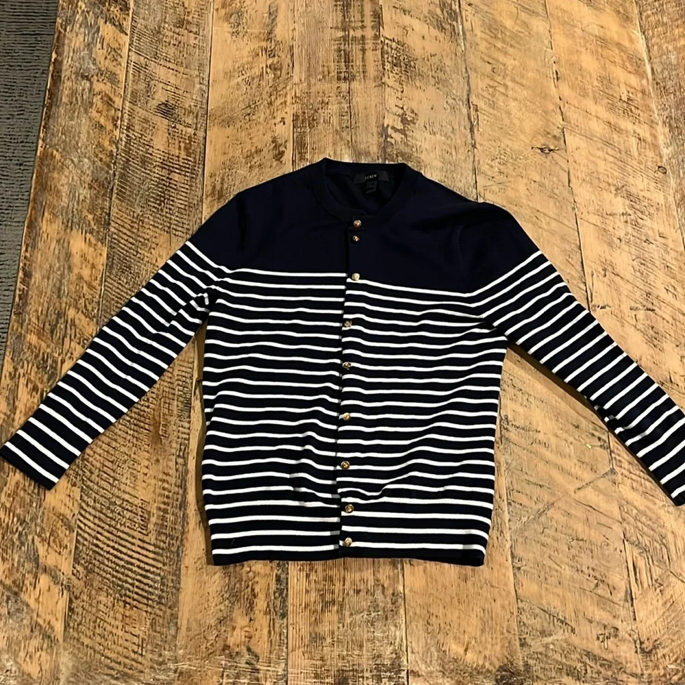 J. Crew Navy Blue Stripe open front  Sweater size small - Picture 3 of 14